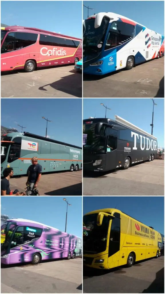 Bus des équipes : Cofidis, Groupama FDJ UNITED, Netcompany INEOS, TUDOR Pro Cycling, Jayco ALULA, Team Visma Lease a bike.